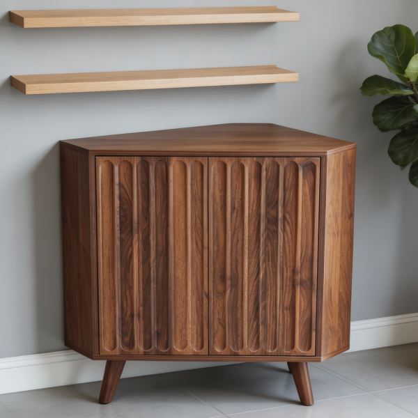 Walnut Fluted 2 Door Mid Century Corner Cabinet