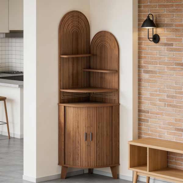 Tall Walnut Corner Cabinet with Sliding Door